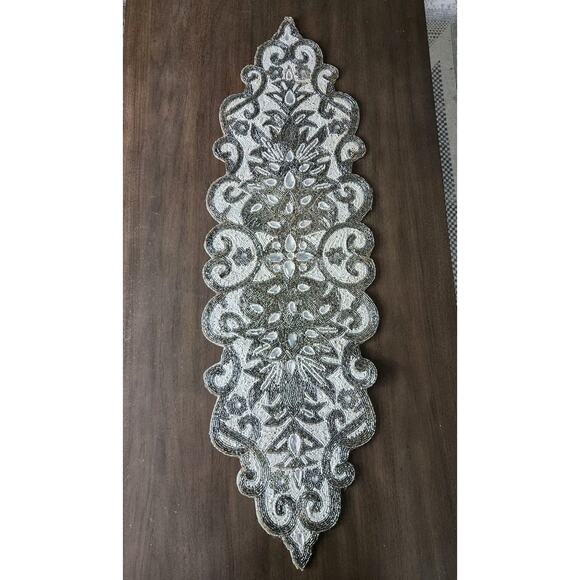 Pier 1 Imports Beaded Table Runner Silver White 39x12" Wedding Holiday Winter - Picture 1 of 5